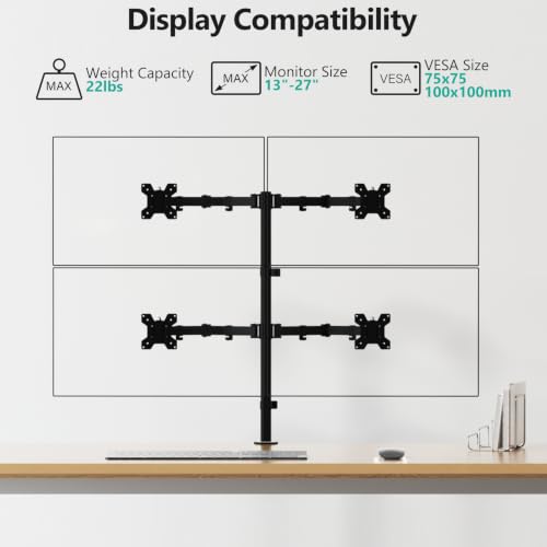 WALI Quad Monitor Desk Mount, 4 Monitor Stand Fits Heavy Duty Computer Screen up to 27 inch, Full Adjustable Arm Holds up to 22 lbs per Arm (M004), Black - size: 13"-27", style: Quad