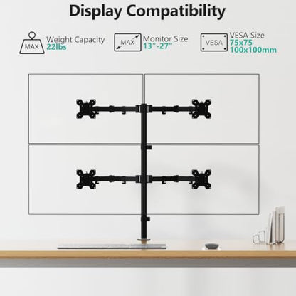 WALI Quad Monitor Desk Mount, 4 Monitor Stand Fits Heavy Duty Computer Screen up to 27 inch, Full Adjustable Arm Holds up to 22 lbs per Arm (M004), Black - size: 13"-27", style: Quad