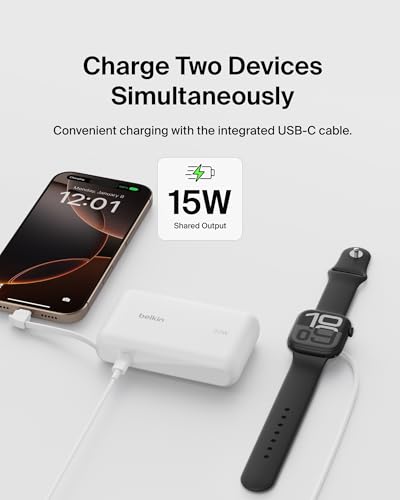 Belkin 10000mAh 20W USB C Power Bank, Portable Charger for iPhone & iPad | Fast Charging, Integrated USB C Cable, Eatra USB C Port, iPhone 17, iPad, Samsung Galaxy S26, Charge 2 Devices - color: White, style: 10K mAh