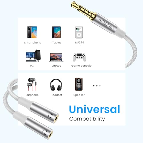 MOSWAG 3.5mm TRRS Headphone Splitter, 3.5mm AUX Jack Cable 1 in 2 Out | Nylon Braided & Gold-Plated Extension Cable Audio Y Splitter, Dual Headphone Jack Adapter for Phone, PC, Laptop, Tablet, Mp3 - color: White