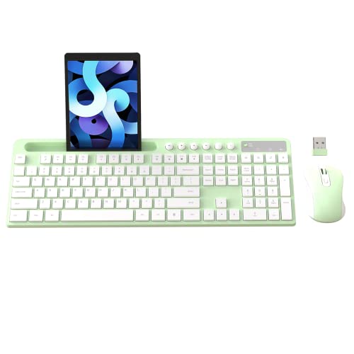 Wireless Keyboard and Mouse Combo, MARVO 2.4G Ergonomic Wireless Computer Keyboard with Phone Tablet Holder, Silent Mouse with 6 Button, Compatible with MacBook, Windows (Green) - color: Green