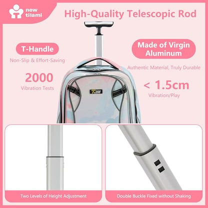 NEW TILAMI 20 Inch Rolling Backpack for School Stair-Climbing Big Wheel | Teen Boys Girls Carry-on Suitcase Large Organizer Compartment 15.6 Laptop Sleeve Adjustable Handle Roller Travel Bag College - color: Pink Dawn