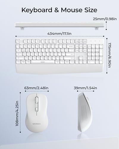 seenda COE200 Wireless Bluetooth Keyboard and Mouse Combo with Wrist Rest | USB/Bluetooth multi-device switching, quiet clicks, full-size ergonomic set for PC, laptop, Mac, and MacBook, White - color: White