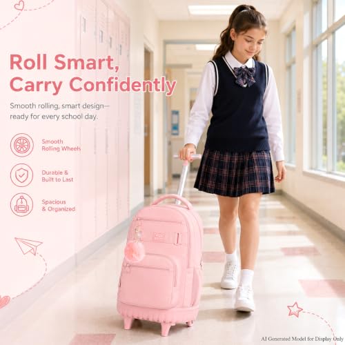 3Pcs Rolling Backpack for Girls Women, 19 Inche School Roller Backpacks with Wheels, Adults Wheeled Bookbag with Lunch Box(Pink) - color: Classic Pink