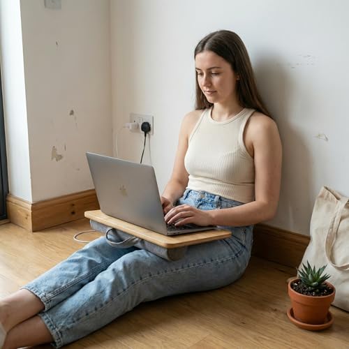 PEPE Mobility Wooden Portable Lap Laptop Desk with Pillow Cushion, Fits up to 15.6 inch Laptop, with Anti-Slip Strip and Handle, Natural Bamboo