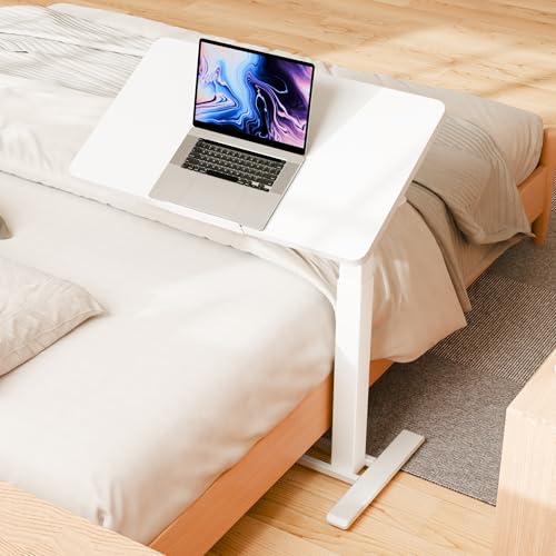 SANODESK Medical Adjustable Overbed Bedside Table with Casters 90° Tilt Top Pneumatic Mobile Rolling Laptop Computer Standing Desk Cart with Tray, Hospital and Home Use(31.5" W x 17.7" D, White) - color: White, size: Large