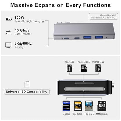USB C Hub, 6 in 2 USB C Adapter Thunderbolt 4 100W PD MacBook Air Pro M1-M4 | Thunderbolt 4 Hub • 100W PD • 40Gbps • USB C 3.0 • 2 USB A 3.0 • SD/TF Card Reader • MacBook USB Adapter - size: 9888 Gray
