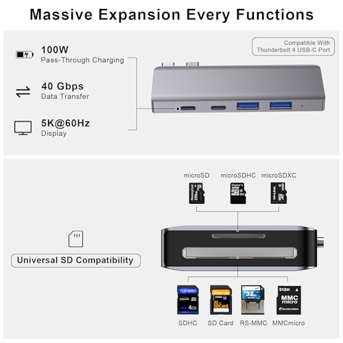 USB C Hub, 6 in 2 USB C Adapter Thunderbolt 4 100W PD MacBook Air Pro M1-M4 | Thunderbolt 4 Hub • 100W PD • 40Gbps • USB C 3.0 • 2 USB A 3.0 • SD/TF Card Reader • MacBook USB Adapter - size: 9888 Gray