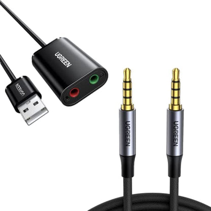UGREEN USB Audio Adapter External Sound Card Bundle with 4-Pole 3.5mm Audio Cable 3FT