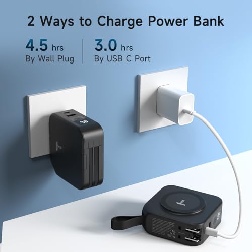 Powerpack Universal 5 in 1 Travel Power Bank - for Magsafe Battery Pack,10000mAh Power Bank with Built in Cable - Wireless Portable Charger for iPhone 15/15 Pro/ProMax, iPhone 14/13/12 Series - color: Black