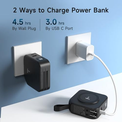 Powerpack Universal 5 in 1 Travel Power Bank - for Magsafe Battery Pack,10000mAh Power Bank with Built in Cable - Wireless Portable Charger for iPhone 15/15 Pro/ProMax, iPhone 14/13/12 Series - color: Black