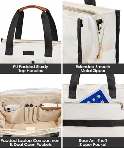 MeZQ Canvas Tote Bag for Women,14-Pockets Work Laptop Tote Large Office Crossbody | Teacher Nurse College with Strap & Zipper - color: White