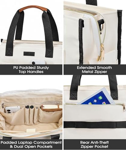 MeZQ Canvas Tote Bag for Women,14-Pockets Work Laptop Tote Large Office Crossbody | Teacher Nurse College with Strap & Zipper - color: White