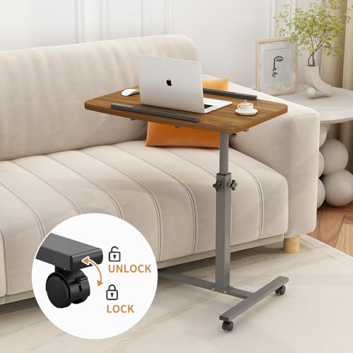 Laptop Table Mobile Adjustable Height Portable Desk Notebook Swivel PC Computer Rolling Desk with Wheels, Laptop Stand for Couch Bedside Hospital Bed Table - color: Light Walnut