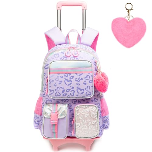 Meetbelify Backpack with Wheels for Girls Rolling Backpack Cute Carry on Backpack for Elementary Student - color: Love Purple