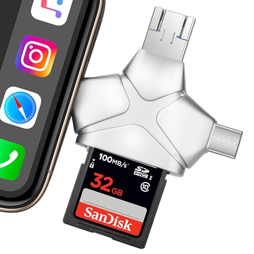 SD/Micro SD Card Reader for iPhone/iPad/Android/Mac/Computer/Camera, 4 in 1 Triangle Portable Memory Card Reader, Compatible with TF Cards&Trail Camera Viewer, Plug and Play, No App Required - color: Silver