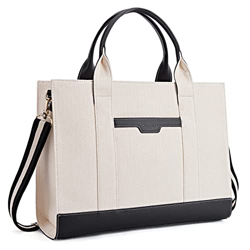 Missnine Tote Bag Canvas Laptop Bag 15.6 inch Briefcase for Women Large Capacity Handbag for Office, College, Travel (Black+Beige) - color: Classic Black