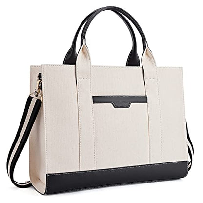 Missnine Tote Bag Canvas Laptop Bag 15.6 inch Briefcase for Women Large Capacity Handbag for Office, College, Travel (Black+Beige) - color: Classic Black