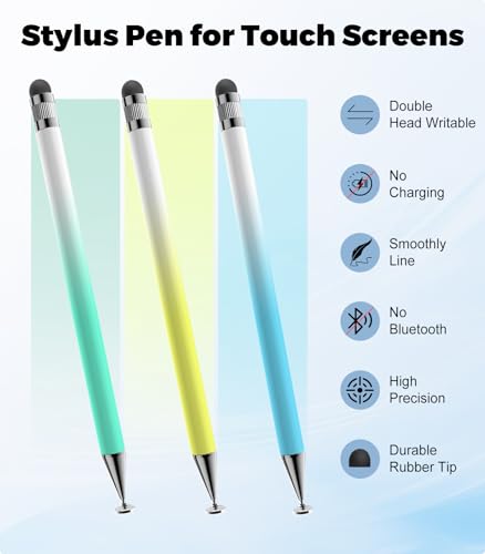 Kenkor Stylus(3pcs),2-in-1 Stylus Pen for Touch Screen, Stylus Pen for iPad | No Charging,Compatible with Apple(iPhone/iPad)/Nintendo Switch/Samsung/Google/Microsoft/Android Tablets Touch Screens Devices - color: Yellow+Blue+Green