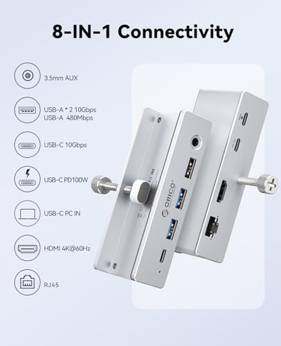 ORICO Clip Docking Station, 8-in-1 Clamp USB C Hub with 4K@60Hz HDMI, 100W PD, Gigabit Ethernet, 4xUSB Port, AUX, 10Gbps Clamp Docking Station for Laptop, MacBook, PC (Adapter Not Included) - color: Silver