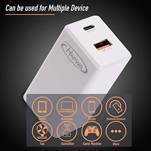 GaN Tech 65W Dual Port PD Wall Charger with 5ft USB C Cable for MacBook, Laptops, iPad Pro, iPhone 12, Galaxy, Pixel and More (White) - color: White