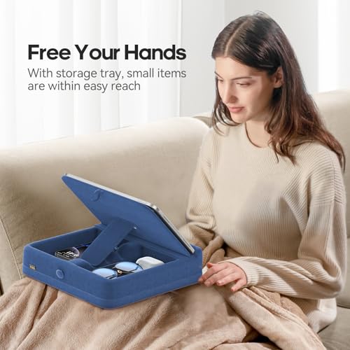 KDD Tablet Pillow Stand with Storage, Foldable iPad Holder for Lap, Desk and Bed, Angle Adjustable Soft Pad Dock with Stylus Mount Compatible with iPad Pro, Air, mini, Book, Phone and Tablet (4-13") - color: Dark Blue