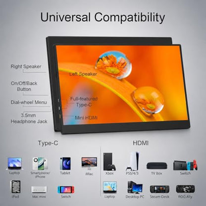 15.6" Portable Monitor, 1.28lb Ultra-Light 1080P FHD Laptop Screen | Anti-Glare, Low Blue Light, 85% sRGB, USB-C, HDMI, Kickstand Case External Monitor for Laptop, MacBook, Switch, PS5, Xbox - size: 15.6
