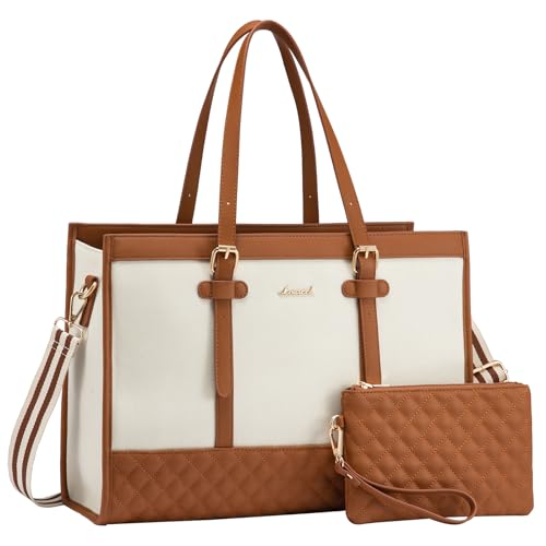 LOVEVOOK Laptop Bag for Women, 15.6 Inch Computer Tote Bags Purse for Work | Canvas, with Long Shoulder Strap&Clutch Purse, Handbag, Casual Stylish Tote Bag for Work Office Travel College Teacher School - color: Brown & White, size: 15.6 inch