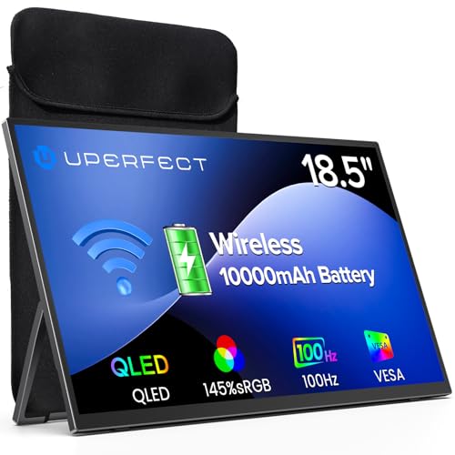 UPERFECT 18.5" 1080P 100Hz Wireless Portable Monitor with Battery 10000mAh | 145% sRGB QLED Gaming Monitor with Stand, Bag & VESA, Large Second Screen for Laptop, Computer, Phone, Game Consoles - size: 18.5"
