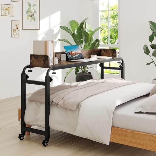 Tangkula Overbed Table with Wheels, Queen Size Mobile Bed Desk with Adjustable Height & Length, Rolling Computer Desk with Metal Frame, Laptop Cart for Bedroom, Living Room, Hospital (Rustic Brown)