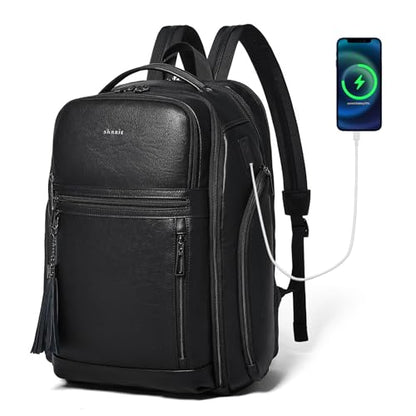 Shrrie 17 Inch Travel Laptop Backpack for Men&Women, Vegan Leather Suitcase Backpack with USB Charger, Expandable Large Capacity Computer Backpack Purse for Work Business Travel, Black - color: Black