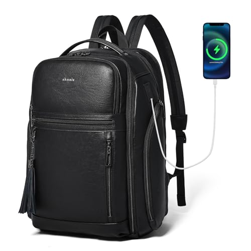 Shrrie 17 Inch Travel Laptop Backpack for Men&Women, Vegan Leather Suitcase Backpack with USB Charger, Expandable Large Capacity Computer Backpack Purse for Work Business Travel, Black - color: Black