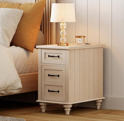 WAMPAT Beige End Table with Charging Station, Narrow Side Table with 1 Drawer &1 Storage Cabinet, Mid Century Modern Nightstand with Power Outlets & USB Ports for Living Room, Bedroom - color: Beige