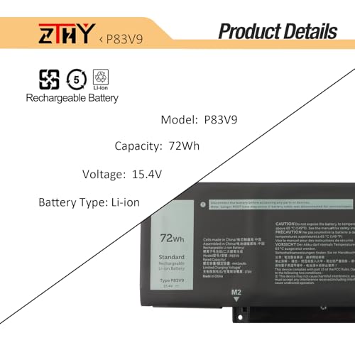 P83V9 Laptop Battery Replacement for Dell Precision 5470 5480 5490 Series | P154G P154G001 P154G002 0CDTT2 0YXP8T CDTT2 YXP8T 15.4V 72Wh 4442mAh 4-Cell - size: 10.63*3.35*0.32 inch P83V9