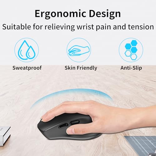 Bluetooth Mouse, Ergonomic Wireless Mouse for Medium to Large Sized Right Hands, Without USB Receiver, 6 Buttons, 1600 DPI, Cordless Computer Mice for Laptop Chromebook Tablet Windows - Black