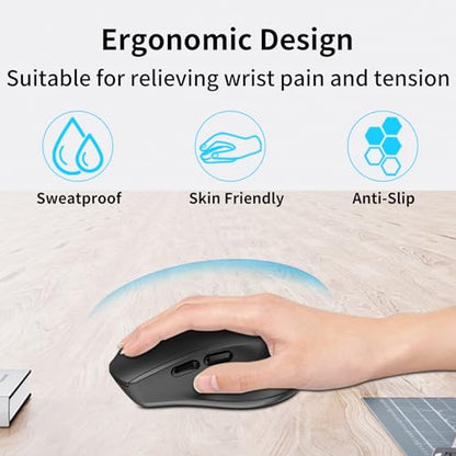 Bluetooth Mouse, Ergonomic Wireless Mouse for Medium to Large Sized Right Hands, Without USB Receiver, 6 Buttons, 1600 DPI, Cordless Computer Mice for Laptop Chromebook Tablet Windows - Black