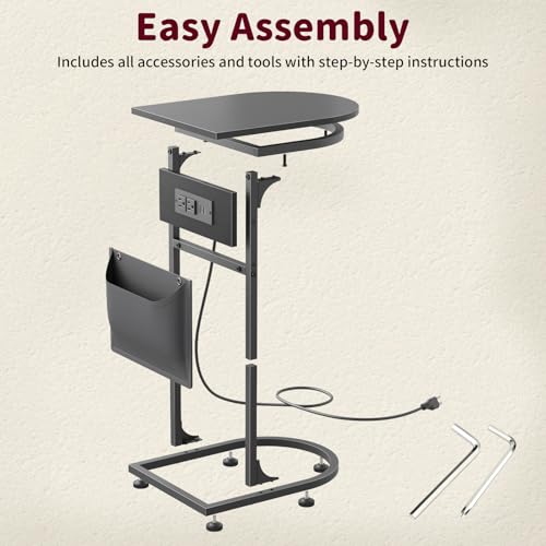 C Shaped End Table with Charging Station, Small Side Table for Couch, C Table Slides Under Sofa with Storage Bag, TV Tray Table for Recliner, Living Room, Bedside, Bedroom, Small Spaces, Black - color: Charging Station Black
