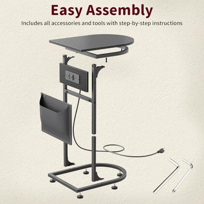 C Shaped End Table with Charging Station, Small Side Table for Couch, C Table Slides Under Sofa with Storage Bag, TV Tray Table for Recliner, Living Room, Bedside, Bedroom, Small Spaces, Black - color: Charging Station Black
