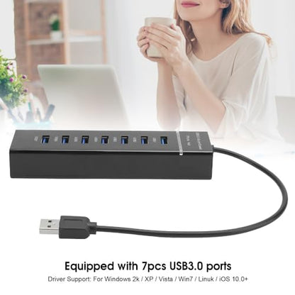 USB 3.0 Hub 7 Port – High Speed 5Gbps Data Transfer Hub Splitter with Blue LED Indicator, DC 5V Power Adapter for Laptop PC