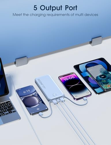 Nusyddy Portable Charger 10000mAh Fast Charging w/Built-in Wall Plug Blue | PD20W Fast Charging, LED Indicator, Pass Through Charging, TSA Approved, Compact/Slim, Power Bank for iPhone/iPad/Samsung - color: Cerulean