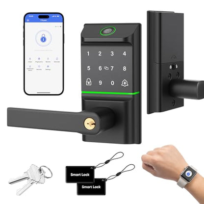 Smart Fingerprint Door Lock Handle, 7-in-1 Keypad Keyless Deadbolt | Smart Auto Lock Door with Phone/Watch App Control, Bluetooth Entry Door Lock, TT Lock APP Control, Reversible Handle - color: Black Keypad Lock with Handle