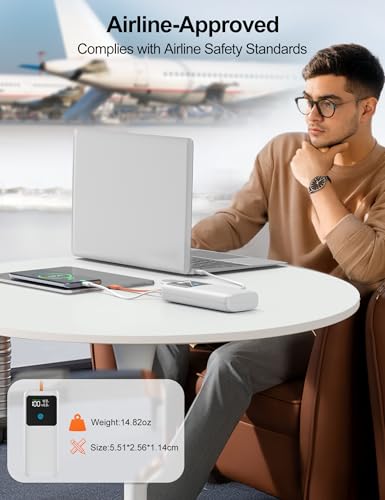 Portable Laptop Charger 24000mAh 65W w/USB C Built-in Cable White | 65W Fast charging, LED display, Charge 4 devices at once, Pass through, TSA approved, Compatible with Macbook/Notebook/iPhone - color: White
