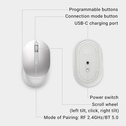 Dell Premier Wireless Mouse MS7421W, Rechargeable, Bluetooth | 2.4GHz, USB-C Charging, 3 Year Advanced Exchange, 7 Buttons, Platinum Silver - color: Platinum Silver