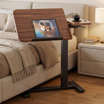 GTPLAYER Pneumatic Adjustable Standing Desk, 28 Inch Tiltable Mobile Rolling Laptop Table with Wheels, Overbed Bedside Table Computer Workstation for Home Office, Walnut - color: Walnut
