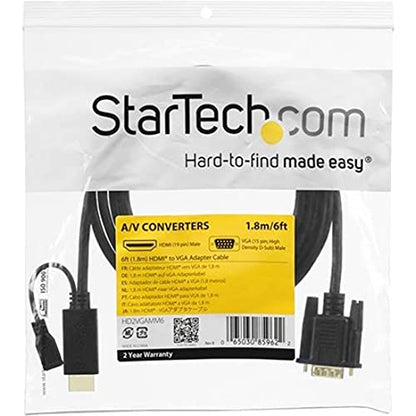 StarTech.com HDMI to VGA Cable – 6ft 2m - 1080p – Active Conversion – HDMI to VGA Adapter Cable for Your VGA Monitor / Display (HD2VGAMM6) | Active HDMI to VGA monitor or display cable, 2m, Digital to analog conversion, Built-in, Reduce clutter - size: HD