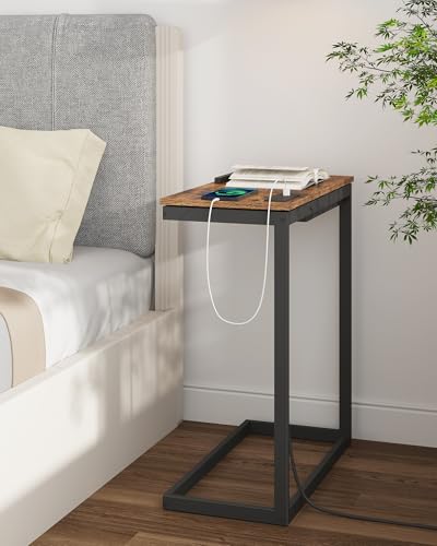 TUTOTAK Large C Shaped End Table, Side Table with Charging Station C Table | Tilting Laptop Stand with Storage, Computer Couch table for Living Room, Bedroom, Brown TB01BB090 - color: Brown, style: Plug