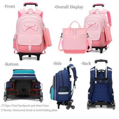 MITOWERMI Rolling Backpack for Girls 3Pcs Elementary School Bag Cute Bowknot Backpack with Wheels Girls Bookbags with Handbag Trolley Bags Kids Carry-On Luggage - color: Style c-3Pcs Pink-2 Wheels, style: 2 Wheels Trolley + Backpack Sets