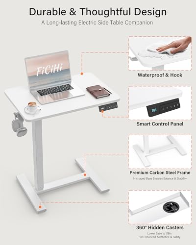FiCiHi Electric Overbed Table, Adjustable Height Bedside Desk with Hidden Wheels, Rolling Sit-Stand Laptop Table for Bed, Couch, Sofa, Home Office & Hospital Use, (24" x 16", White) - color: White, size: 24 x 16"