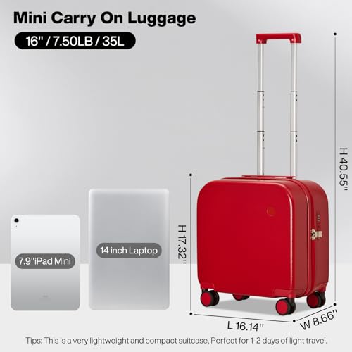 mixi Carry on Luggage, Suitcase with Spinner Wheels 16in Luggage Hardshell Lightweight Rolling Suitcases PC with Cover & TSA Lock, Red - color: Red, size: 16in Carry on
