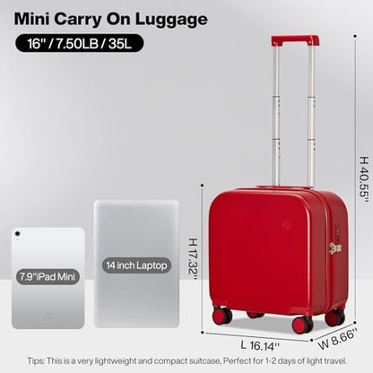 mixi Carry on Luggage, Suitcase with Spinner Wheels 16in Luggage Hardshell Lightweight Rolling Suitcases PC with Cover & TSA Lock, Red - color: Red, size: 16in Carry on